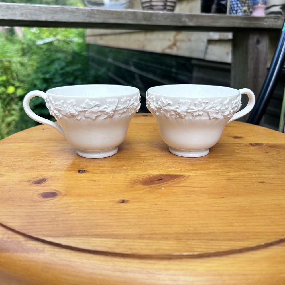 Vintage Queensware Teacup Pair Cream Embossed Grapevine Set Wedgwood